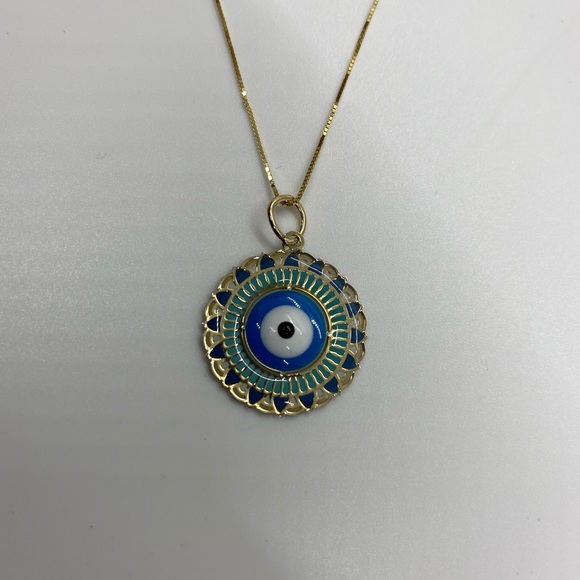 10K Gold Evil Eye Box Chain Necklace - Picture 6 of 11